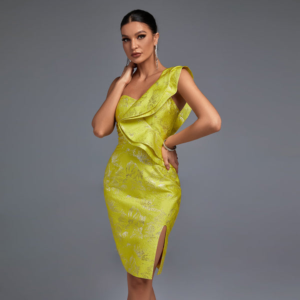 Elegant One-Shoulder Casual Ring Midi Bodycon Dress with Ruffles and Backless