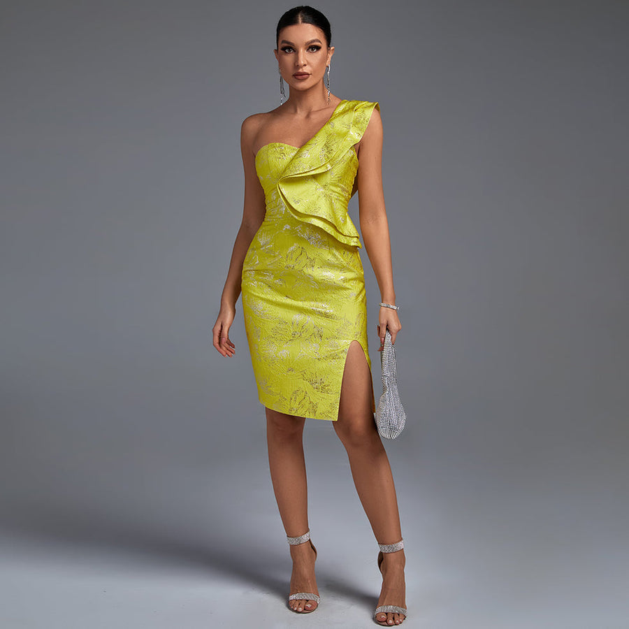 Elegant One-Shoulder Casual Ring Midi Bodycon Dress with Ruffles and Backless