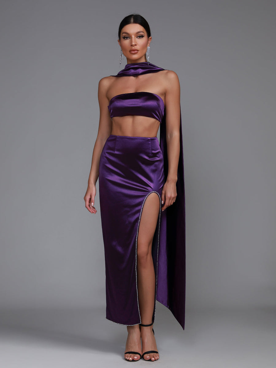 Elegant Purple Satin Strapless Sash Gown for a Stunning Look
