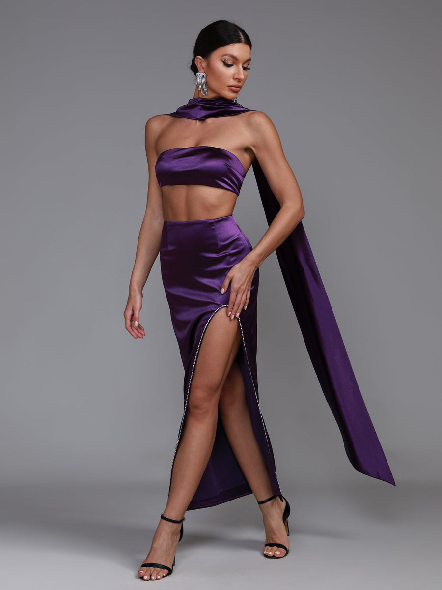 Elegant Purple Satin Strapless Sash Gown for a Stunning Look