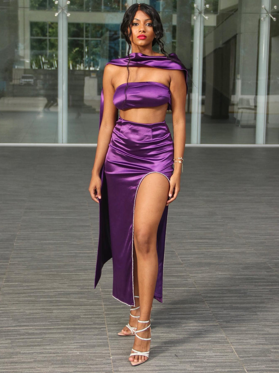 Elegant Purple Satin Strapless Gown with a Stunning Sash