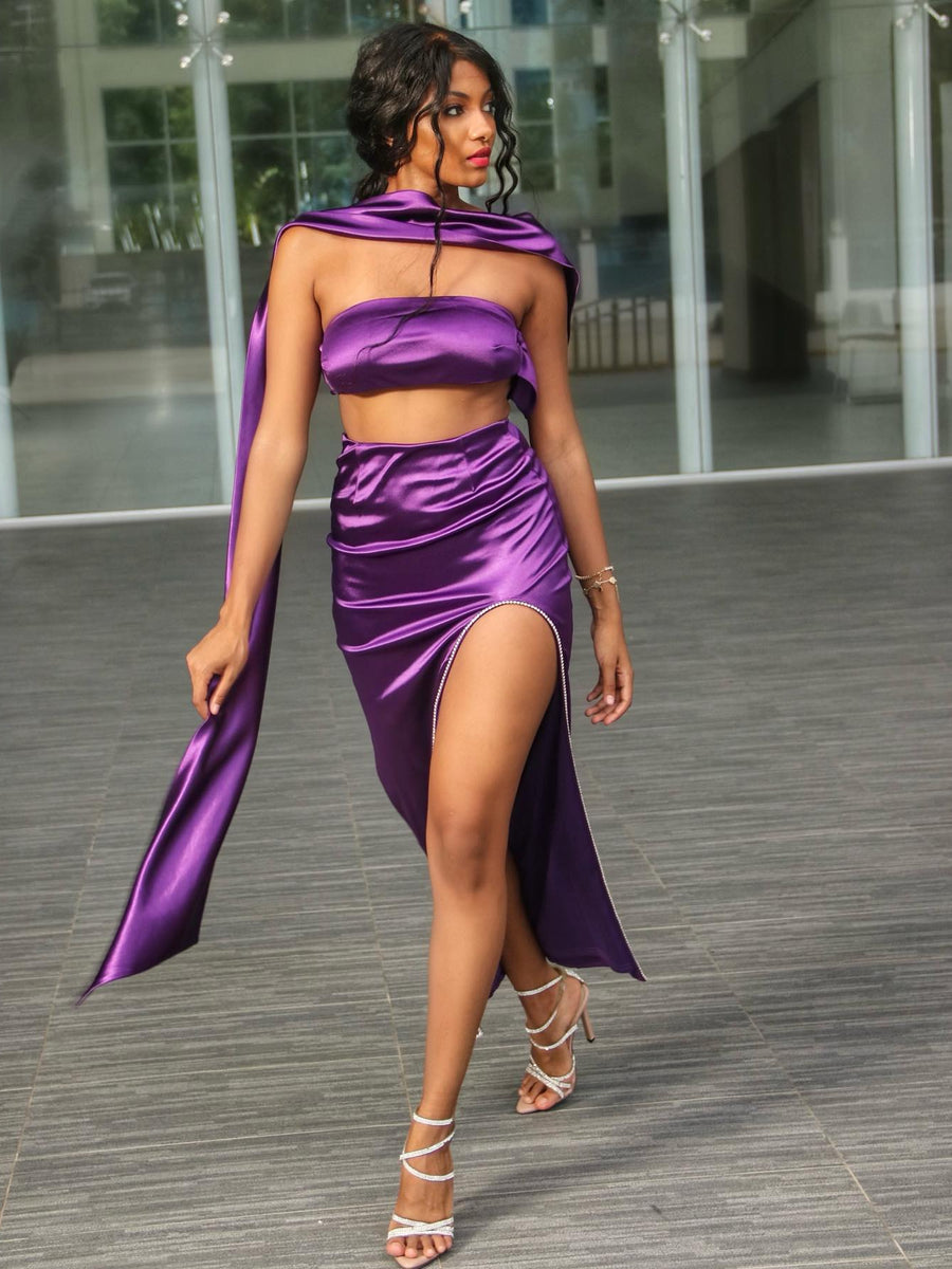 Elegant Purple Satin Strapless Gown with a Stunning Sash