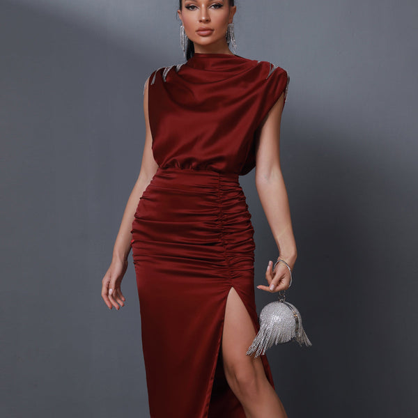 Rhinestone Tassels Pleated Midi Dress - Opulent Empire