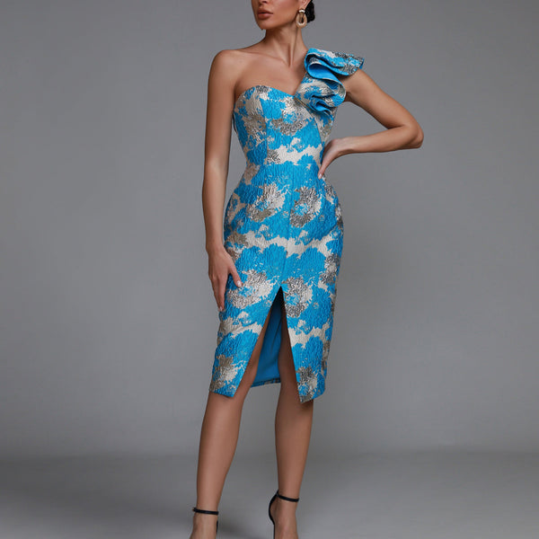 Mid-length Dress with Ruffles and Off-the-Shoulder Design