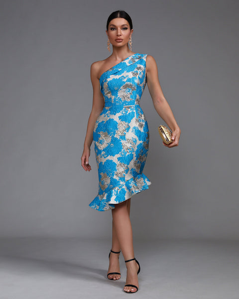 Elegant Fishtail Midi Flared Dress with Angular Cutout