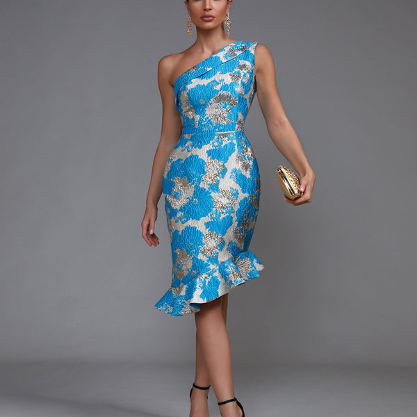 Elegant Fishtail Midi Flared Dress with Angular Cutout