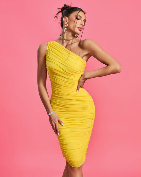 Chic One-Shoulder Ruched Mesh Evening Dress - Opulent Empire