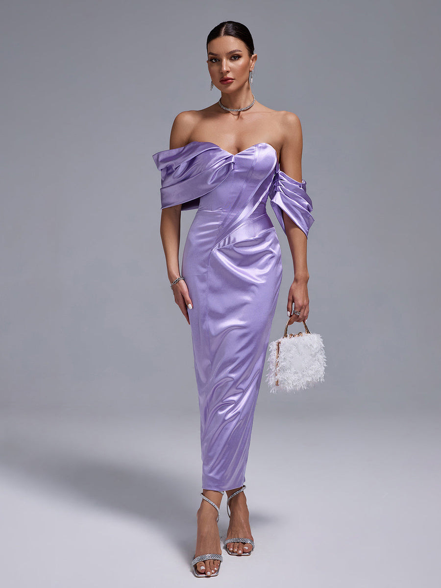 Elegant Lavender Satin Dress with Shoulder-Free Design and Mid-Length