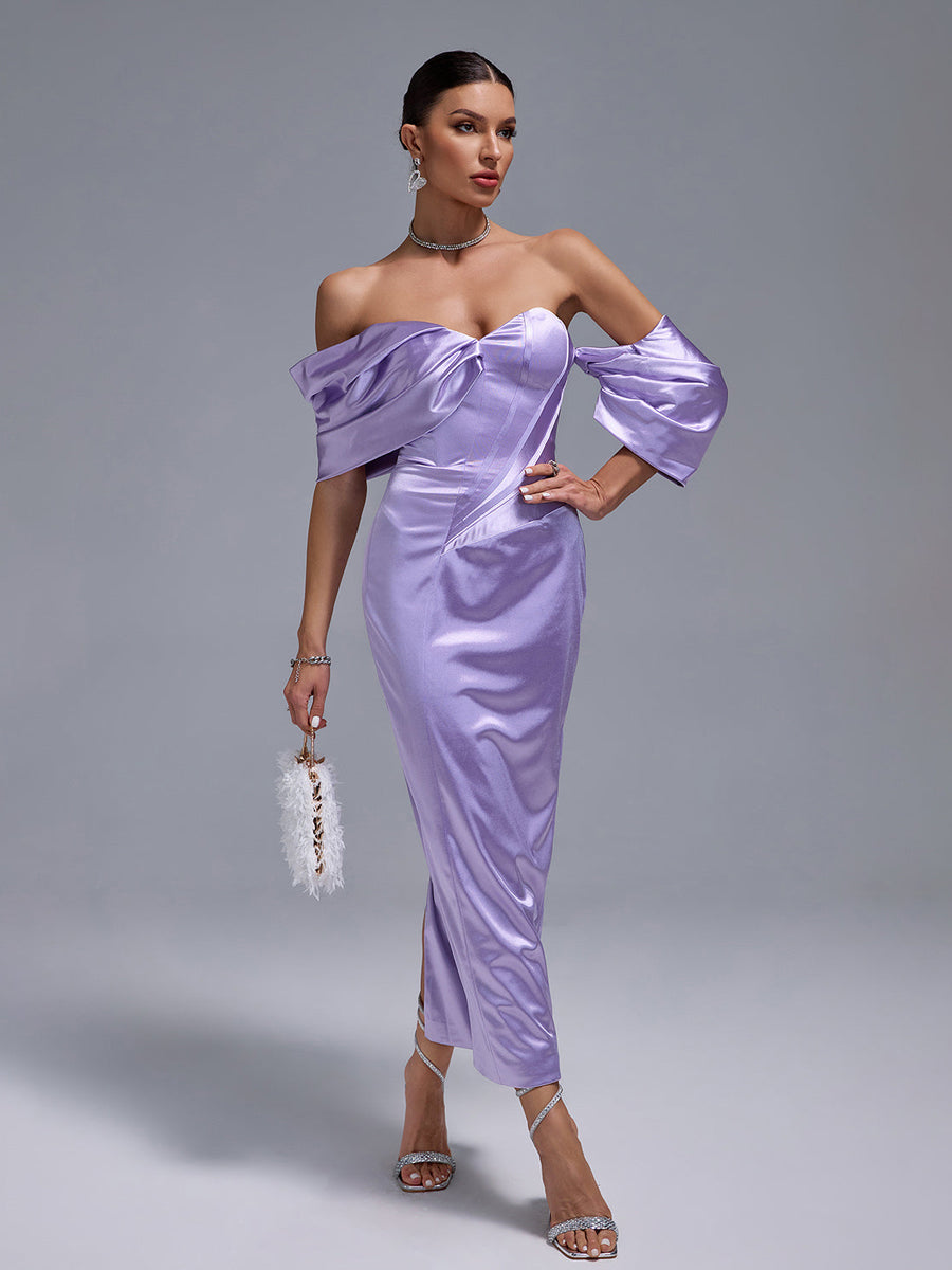 Elegant Lavender Satin Dress with Shoulder-Free Design and Mid-Length