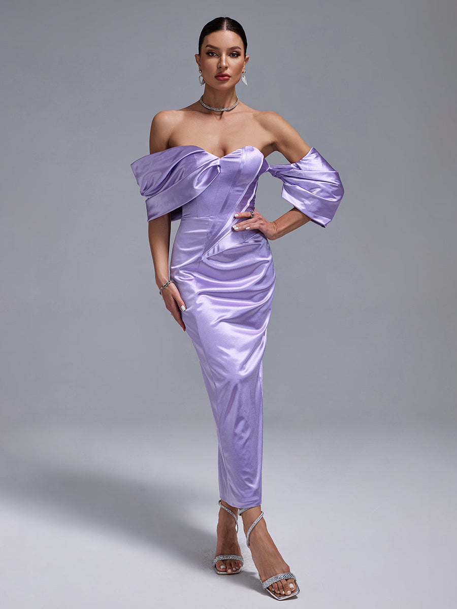 Elegant Lavender Satin Dress with Shoulder-Free Design and Mid-Length