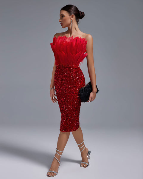 Sexy Strapless Feather Sequin Bodycon Dress - Opulent Empire