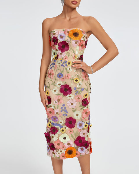 Maraya Strapless Floral Applique Midi Dress - Opulent Empire