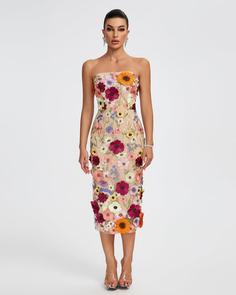 Maraya Strapless Floral Applique Midi Dress - Opulent Empire
