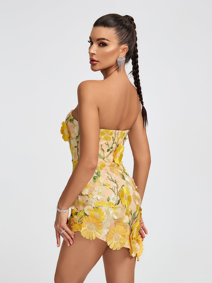 Strapless 3D Floral Mini Dress