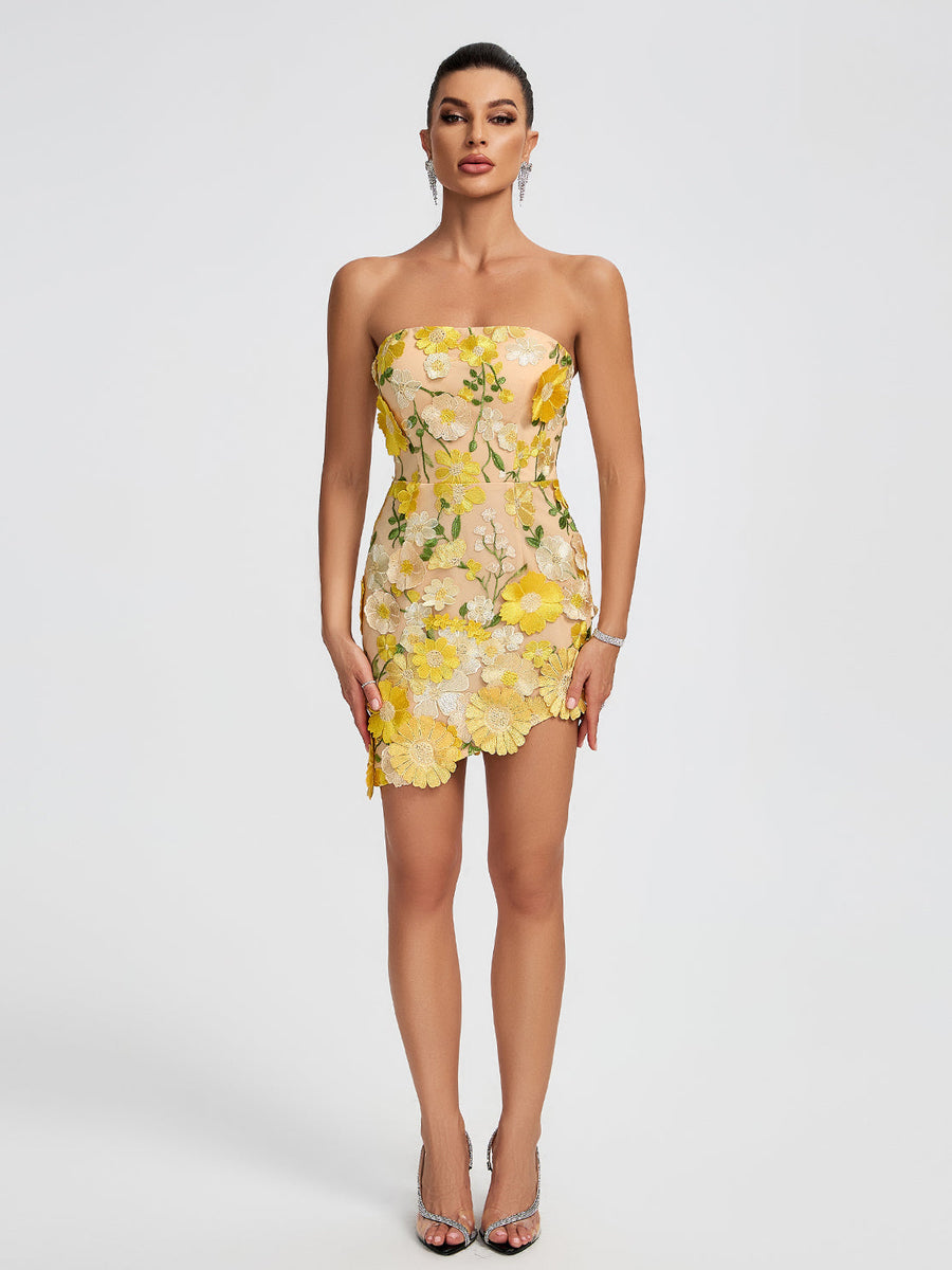 Strapless 3D Floral Mini Dress