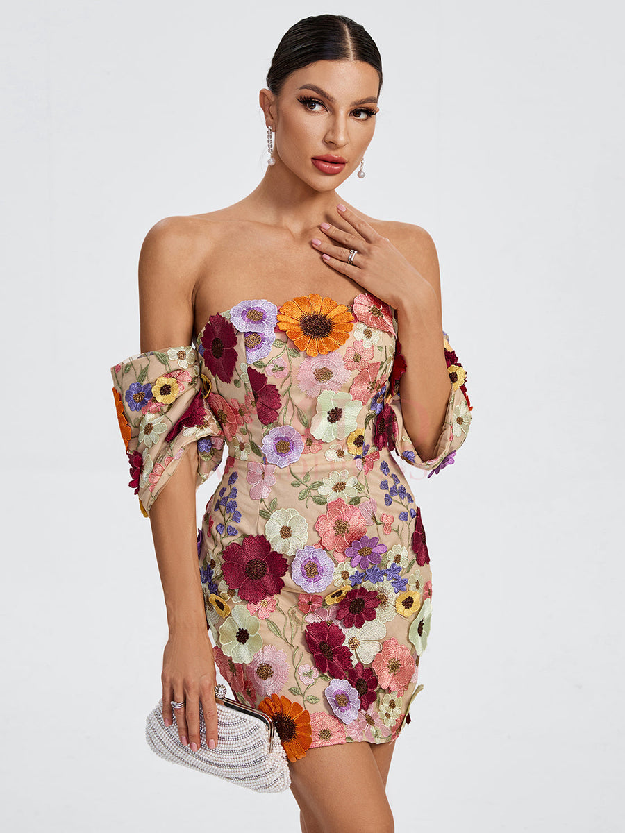 Off Shoulder Floral Embellished Mini Dress