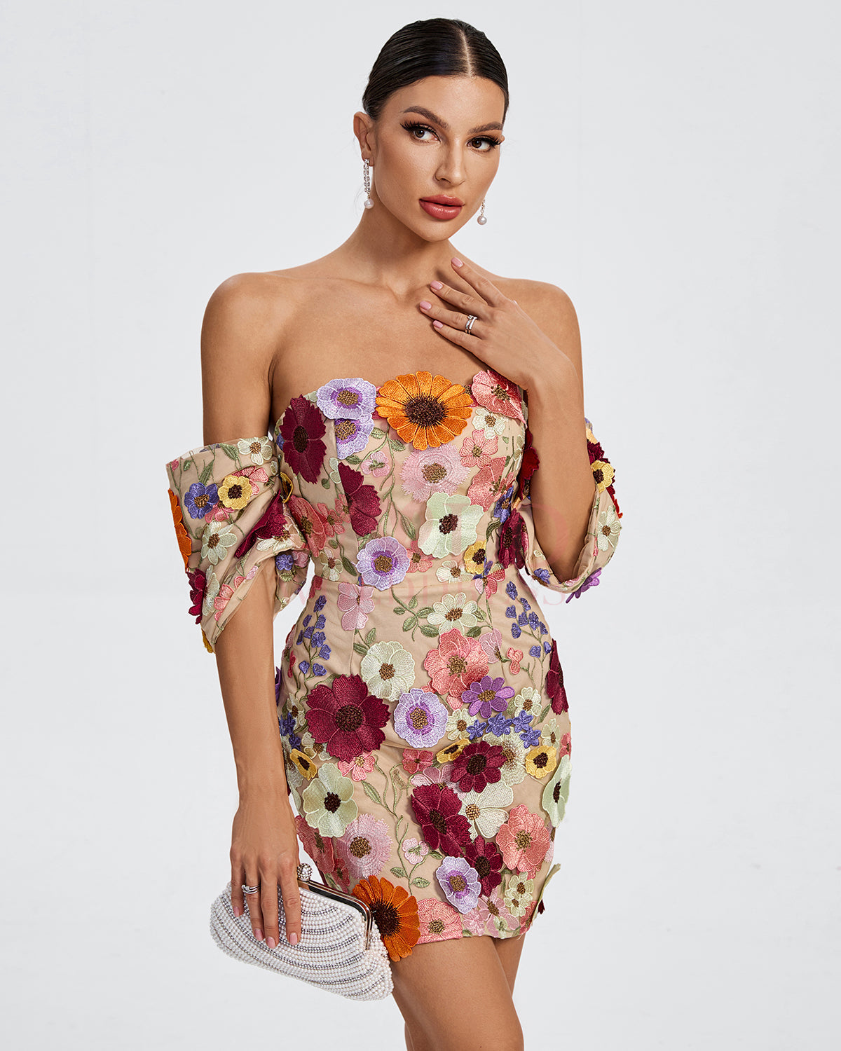 Off Shoulder Floral Embellished Mini Dress