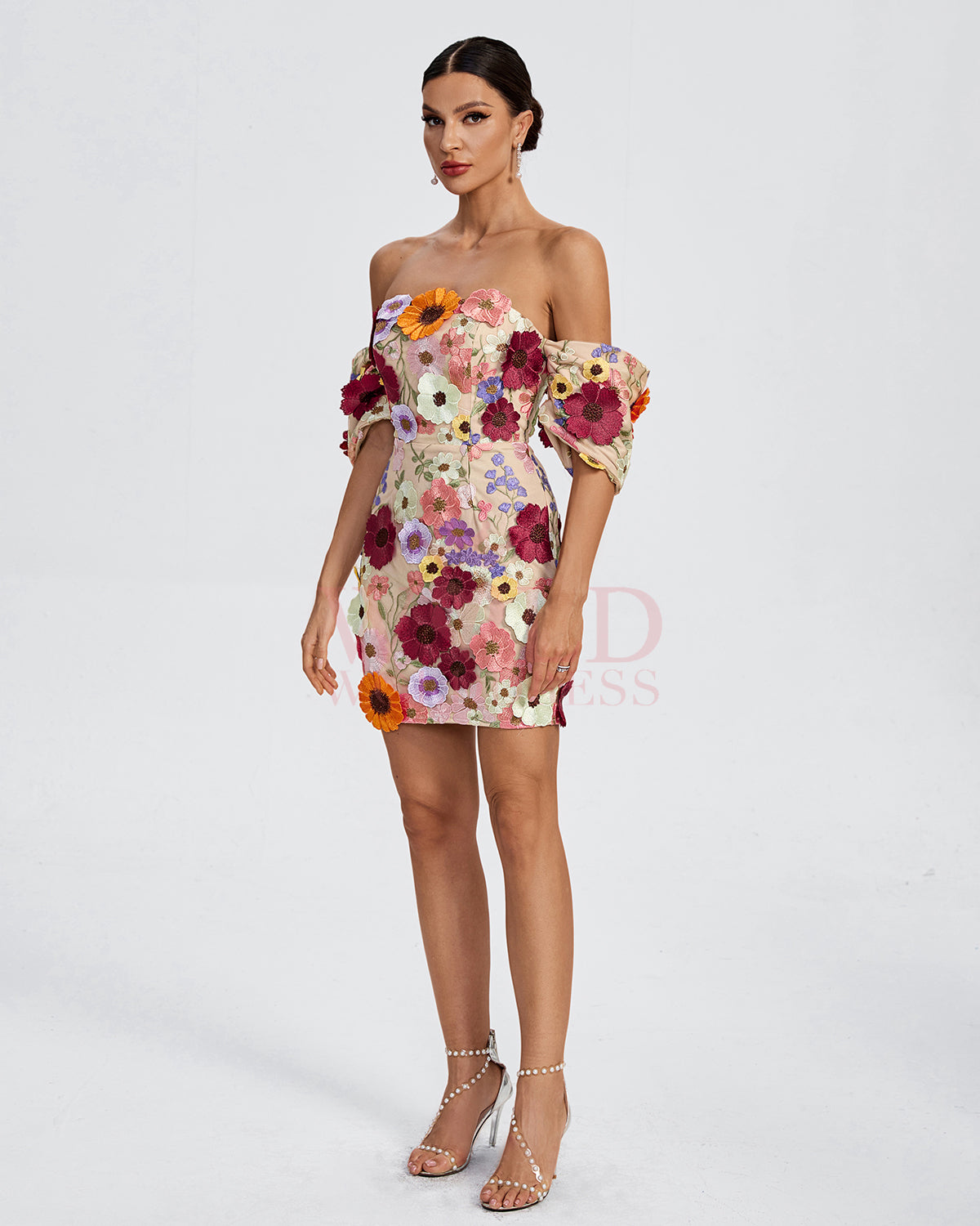Off Shoulder Floral Embellished Mini Dress