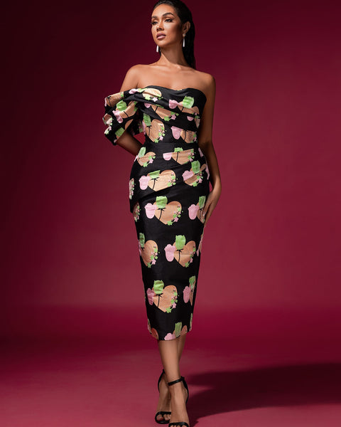 Floral Jacquard Backless Midi Dress - Opulent Empire