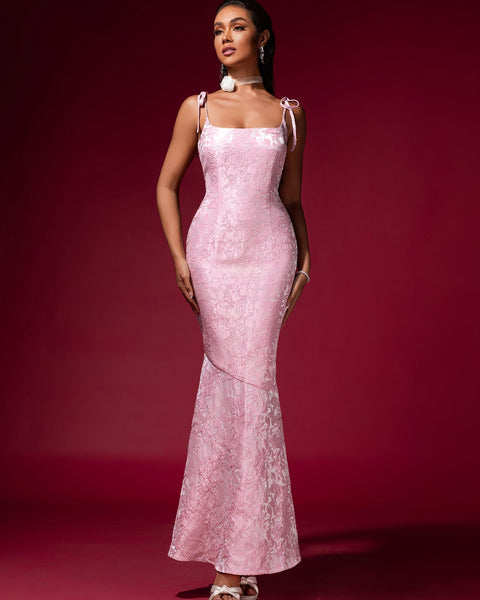 Pink Jacquard Strap Evening Dress - Opulent Empire