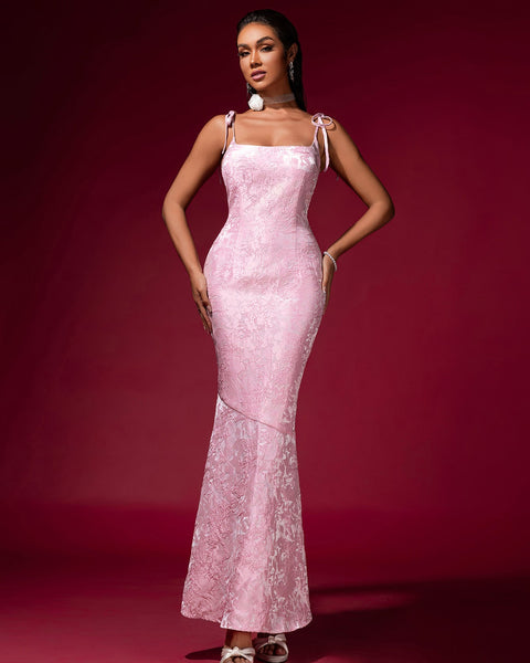Pink Jacquard Strap Evening Dress - Opulent Empire