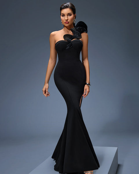 Elegant Ruffled Shoulder High-Slit Maxi Dress for a Stylish Look