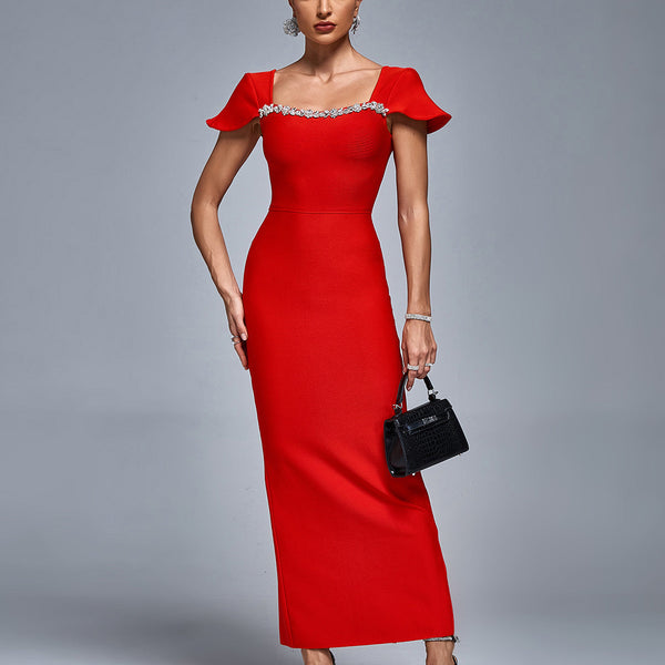 Square Neck Rhinestone Trim Bandage Dress - Opulent Empire