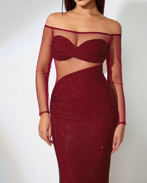 Asymmetrical Mesh Dress with Rhinestones for a Elegant and Trendy Look