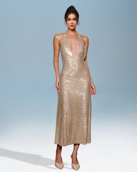 Deep V-neck glitter dress with open back elegance and shine