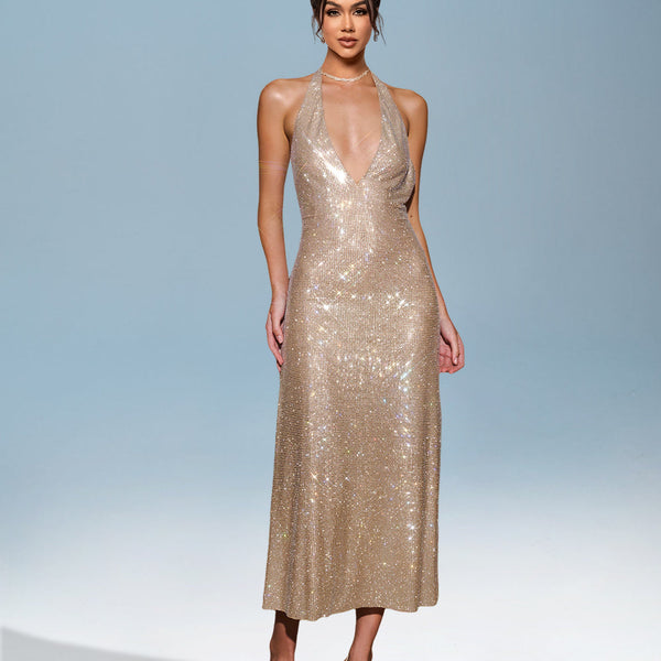 Deep V-neck glitter dress with open back elegance and shine