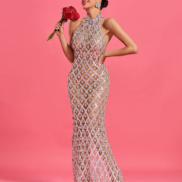 Sparkly Crystal Rhombi Hollowout Evening Gown - Opulent Empire