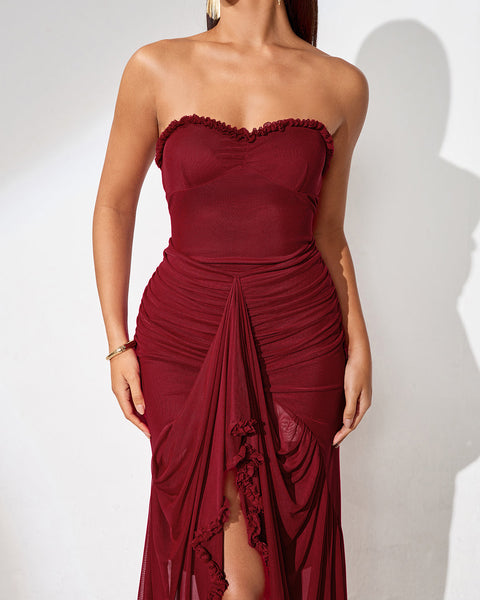 Strapless mesh dress with ruffled front