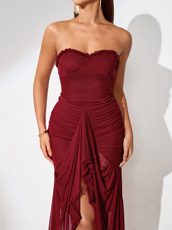 Strapless mesh dress with ruffled front