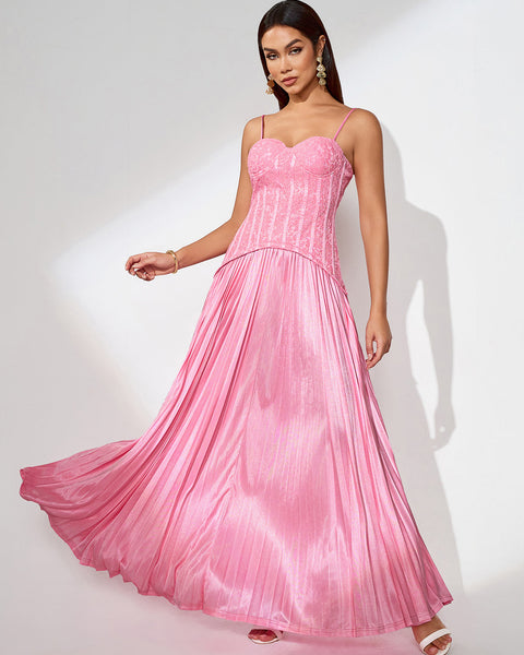 Maxi Lace Dress with Pleats and Back Opening