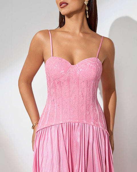 Maxi Lace Dress with Pleats and Back Opening