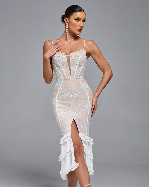 Ruffle Hem Strap Lace Bandage Dress - Opulent Empire