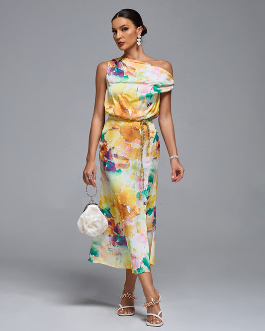 One Shoulder Tie-dye Print Midi Dress - Opulent Empire