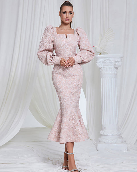 Hooked Dress, Bodycon Midi with Square Neckline and Long Sleeves, Fish Tail HB101470