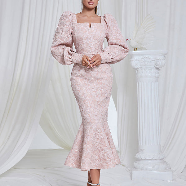 Hooked Dress, Bodycon Midi with Square Neckline and Long Sleeves, Fish Tail HB101470
