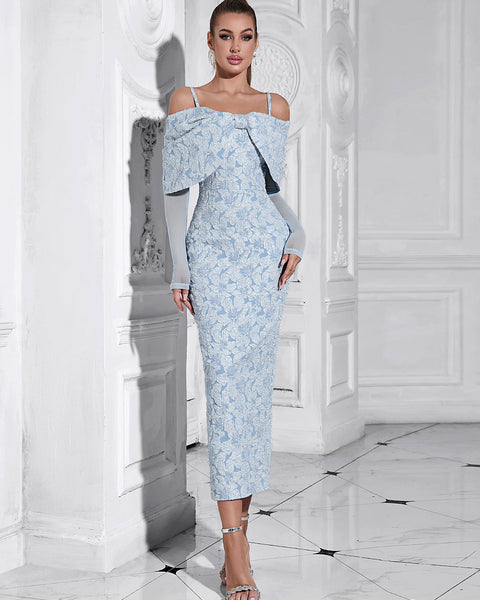 Elegant Mesh-Back Jacquard Midi Bodycon Dress with Strappy Long Sleeves HB10213