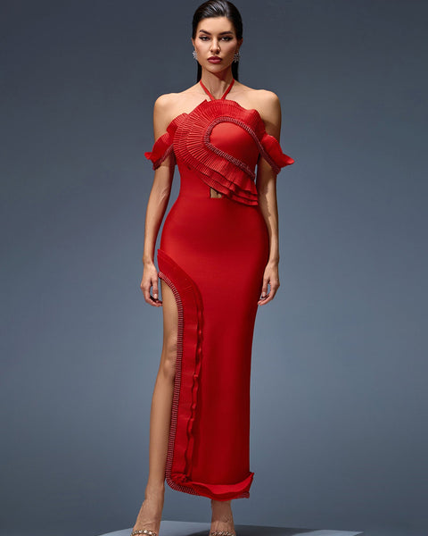 Backless bandage dress with halter and draped for an elegant look