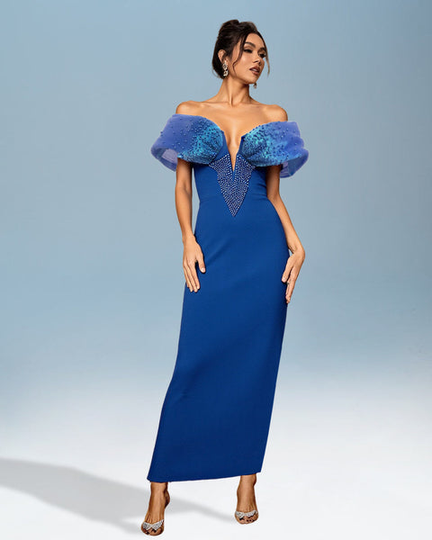 Beaded bandage dress with plunging neckline