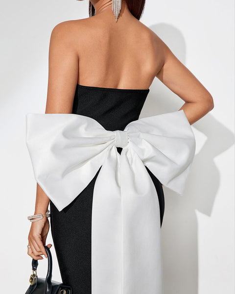 Elegant Contrast Color Bowknot Maxi Bandage Dress for a Stunning Look