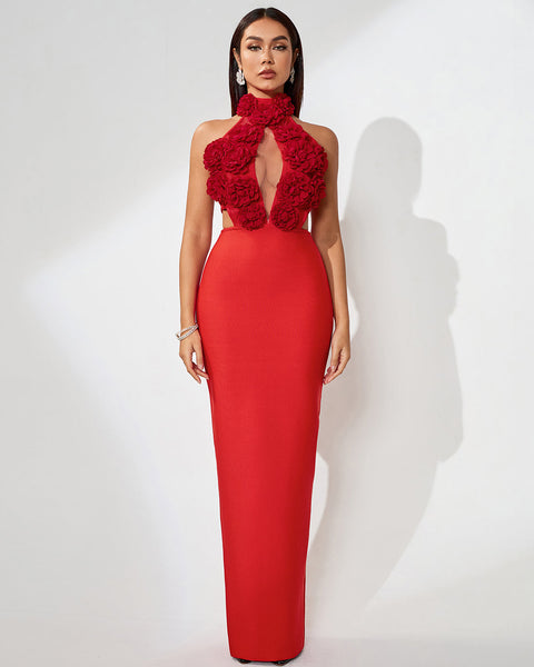 3D Floral Maxi Dress in Breathable Lace for an Elegant Style