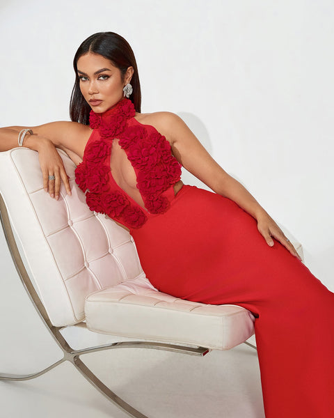 3D Floral Maxi Dress in Breathable Lace for an Elegant Style