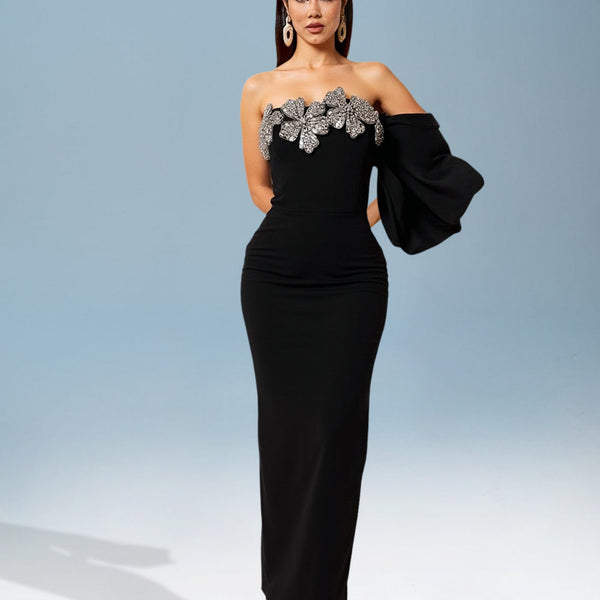 Asymmetrical Flower and Beaded Wrap Dress