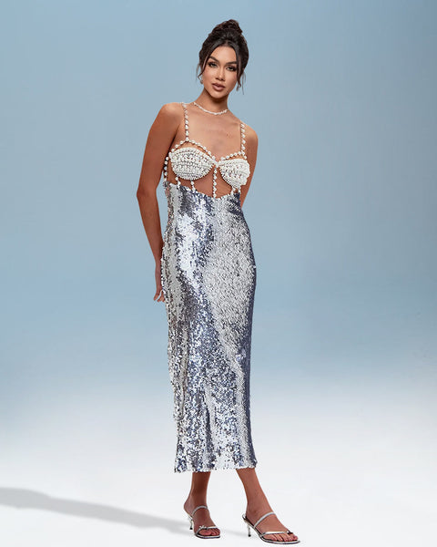 Fitted dress with shiny sequins and pearl band