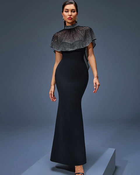 Long Tulle Dress with Pearl Cape for an Elegant and Sophisticated Look