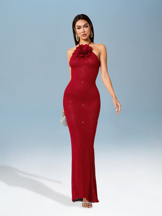 3D Floral Knit Dress with Glittering Rhinestones