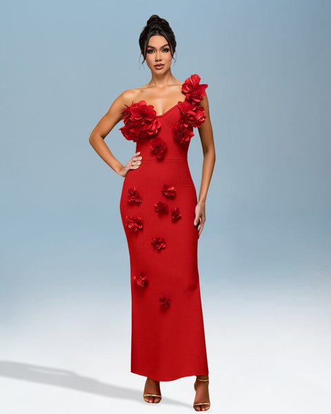 Red flower-decorated bandage dress for an elegant and striking style